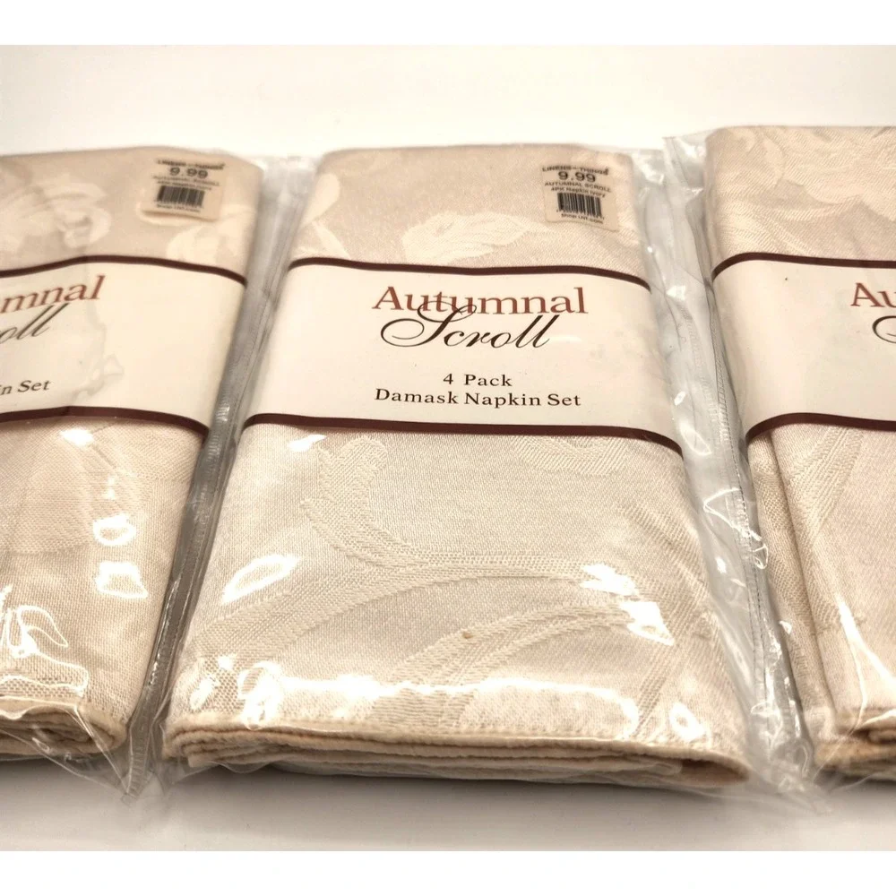 Autumnal Scroll Damask Napkins Ivory 3 sets of 4 Brand new in Package